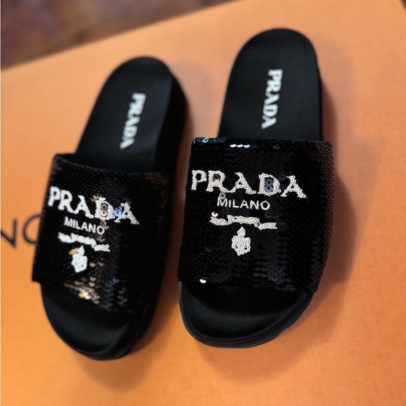 Prada Sequin Sandals Sz 37 Black - Picture 4 of 5